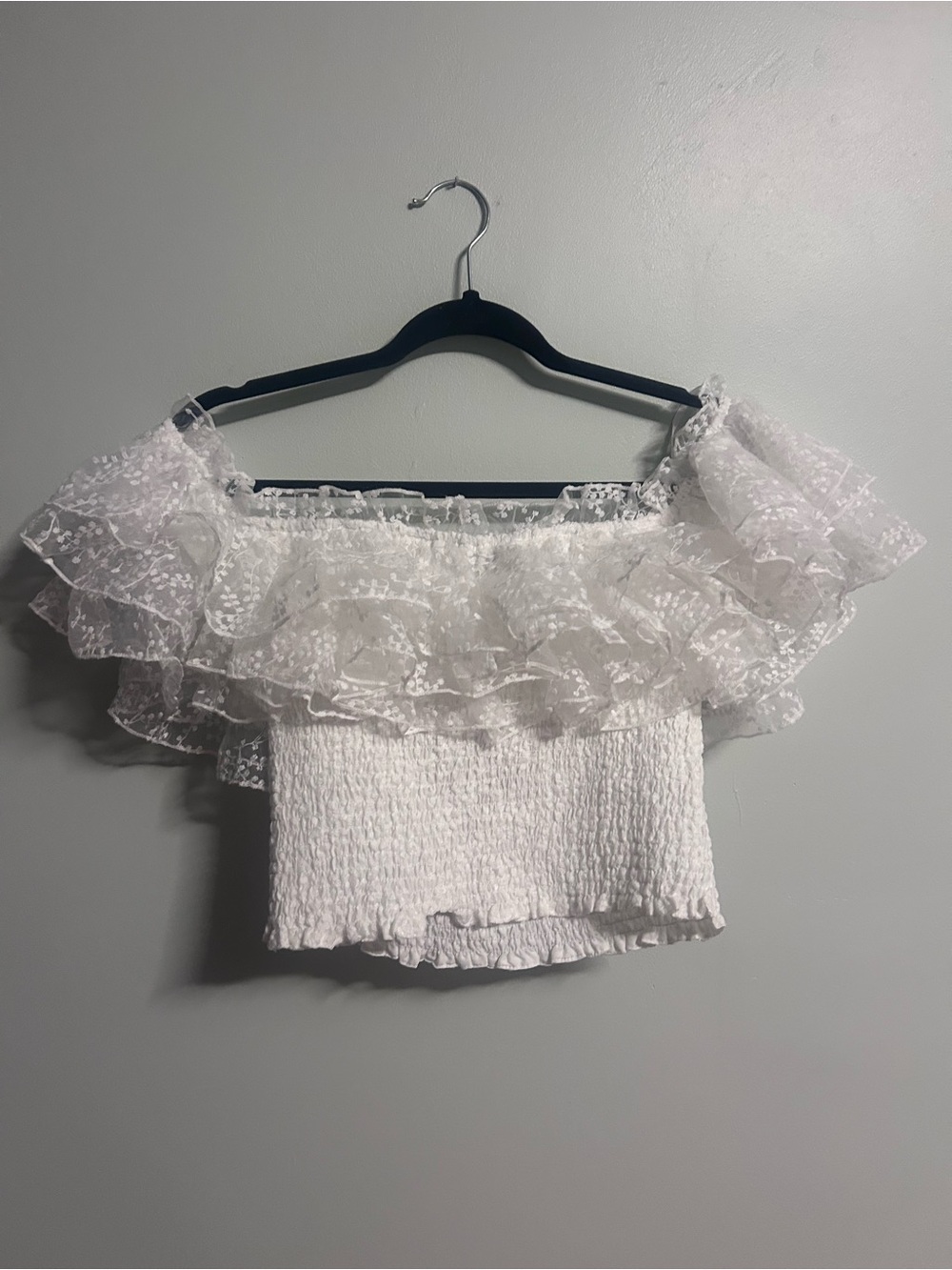 DO+BE White Off-Shoulder Ruffled Smocked Crop Top